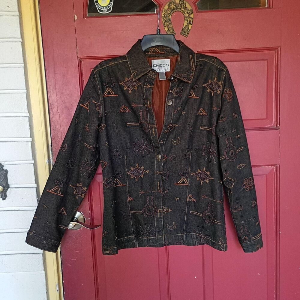 Chico's Women's Black Embroidered Jacket, Silk Lined
